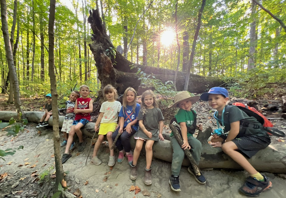 Children on a nature field trip in the woods